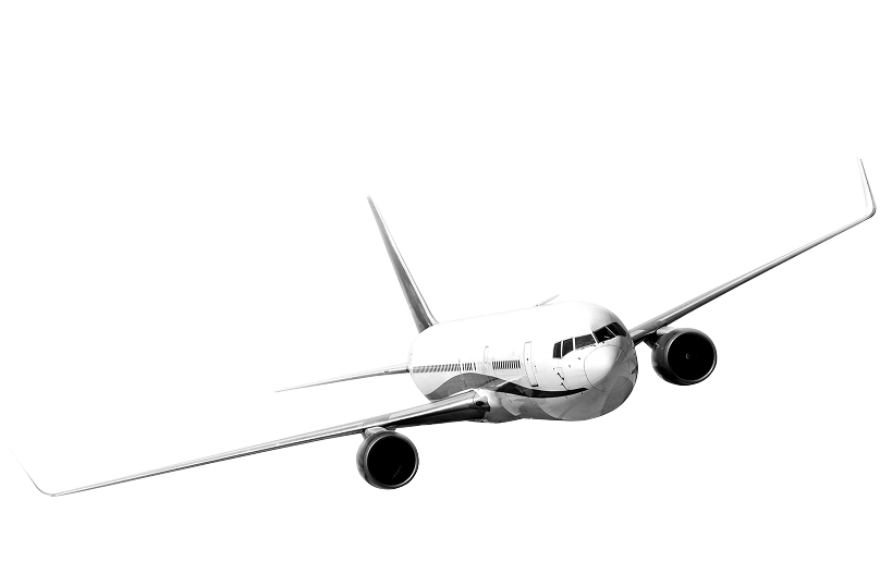 White airplane flying front view with wings extended on blue background